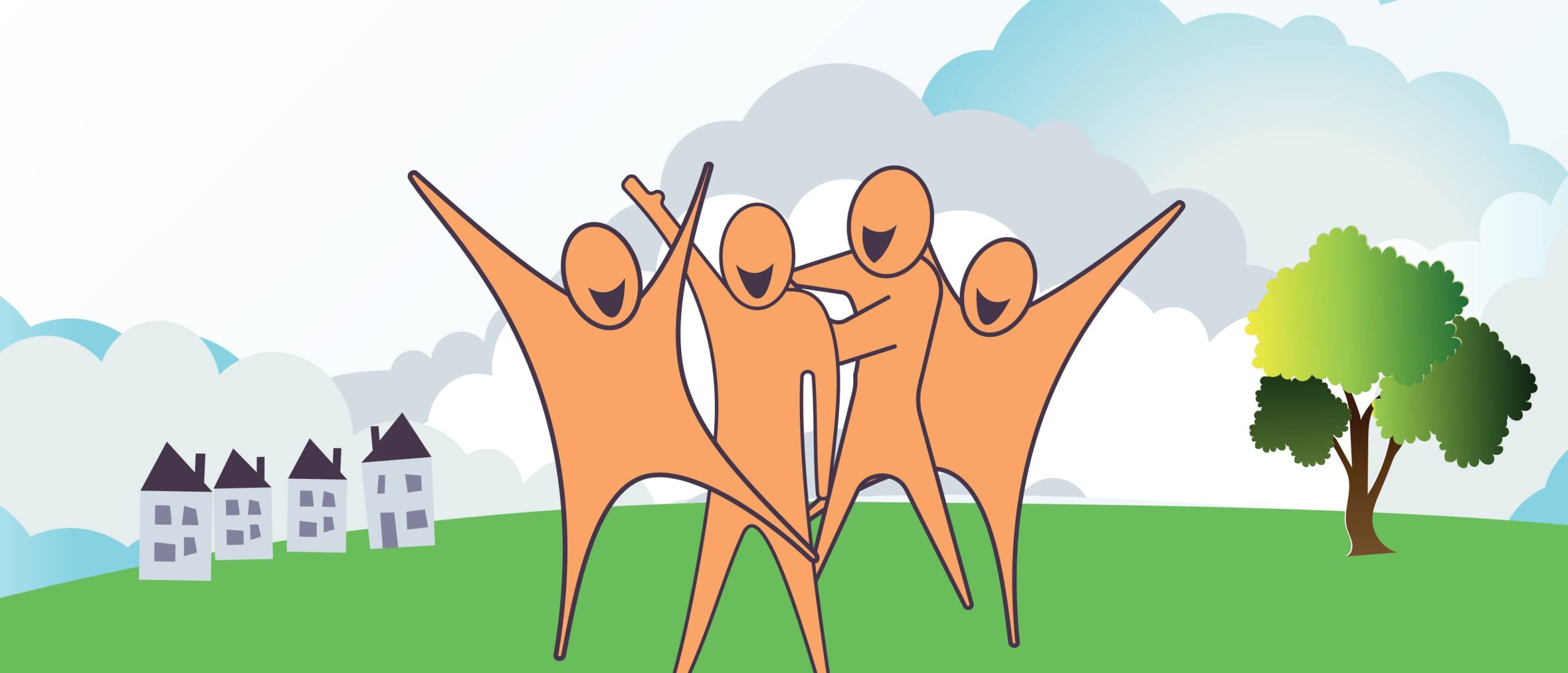 Illustration of four excited people in front of a tree and four houses.